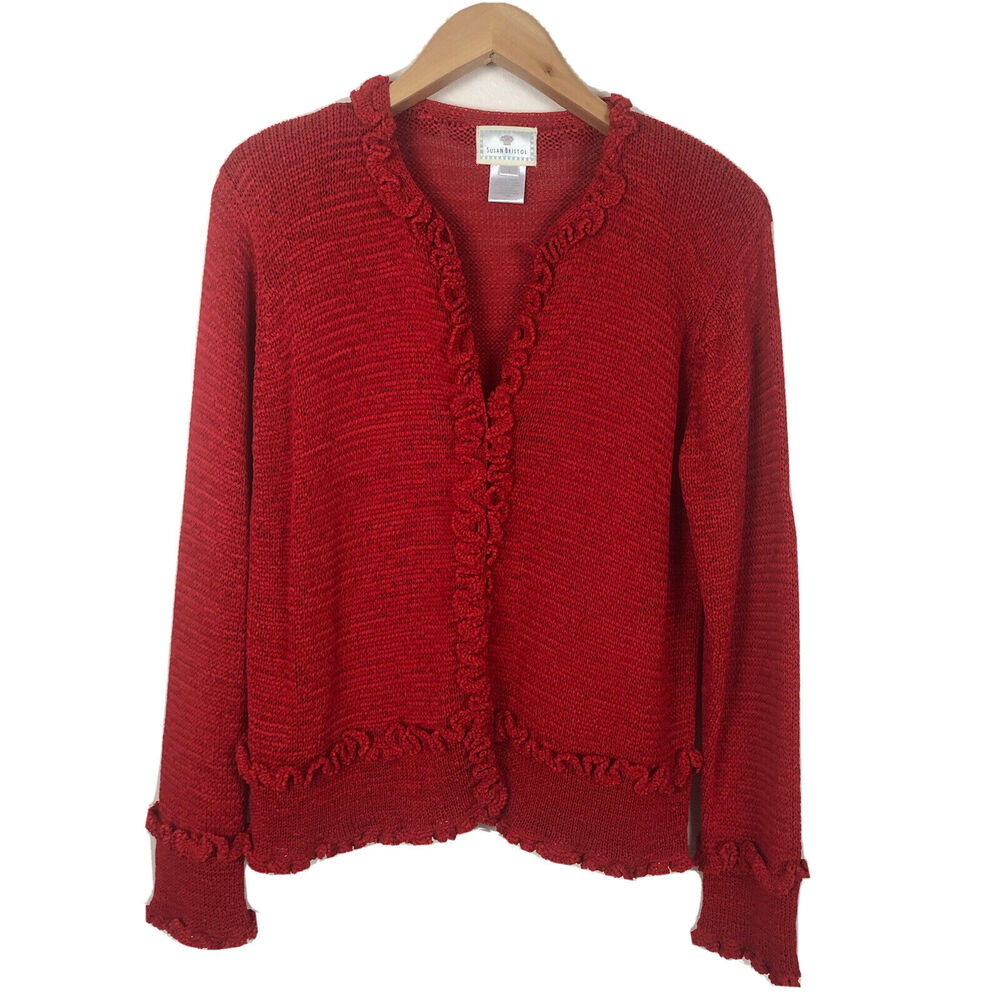 Vintage 1998 Susan Bristol Sz Large Red Knit Cardigan Sweater